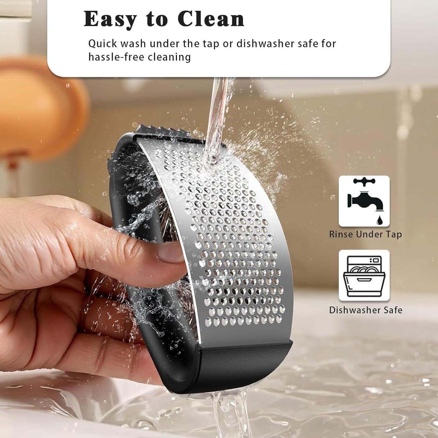 Garlic Press, Stainless Steel with Ergonomic Handle, Garlic Mincer, Easy Squeeze Rocker, Easy Clean, Scraper, Silicone Peeler, Brush (Black)