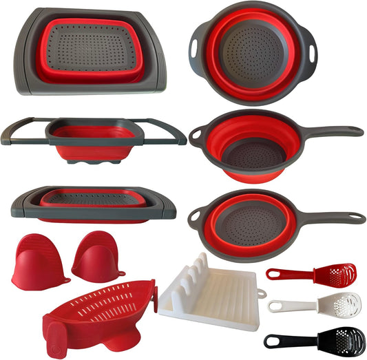 BaraBara Silicone 10 pcs Telescopic Collapsible Strainers with Handles, Foldable Bowl, Clip on Drainer. Red Spoon Rest, 3 ladle Masher Spoons. Silicone Gloves Heat Resistant Bundle Cooking Set.