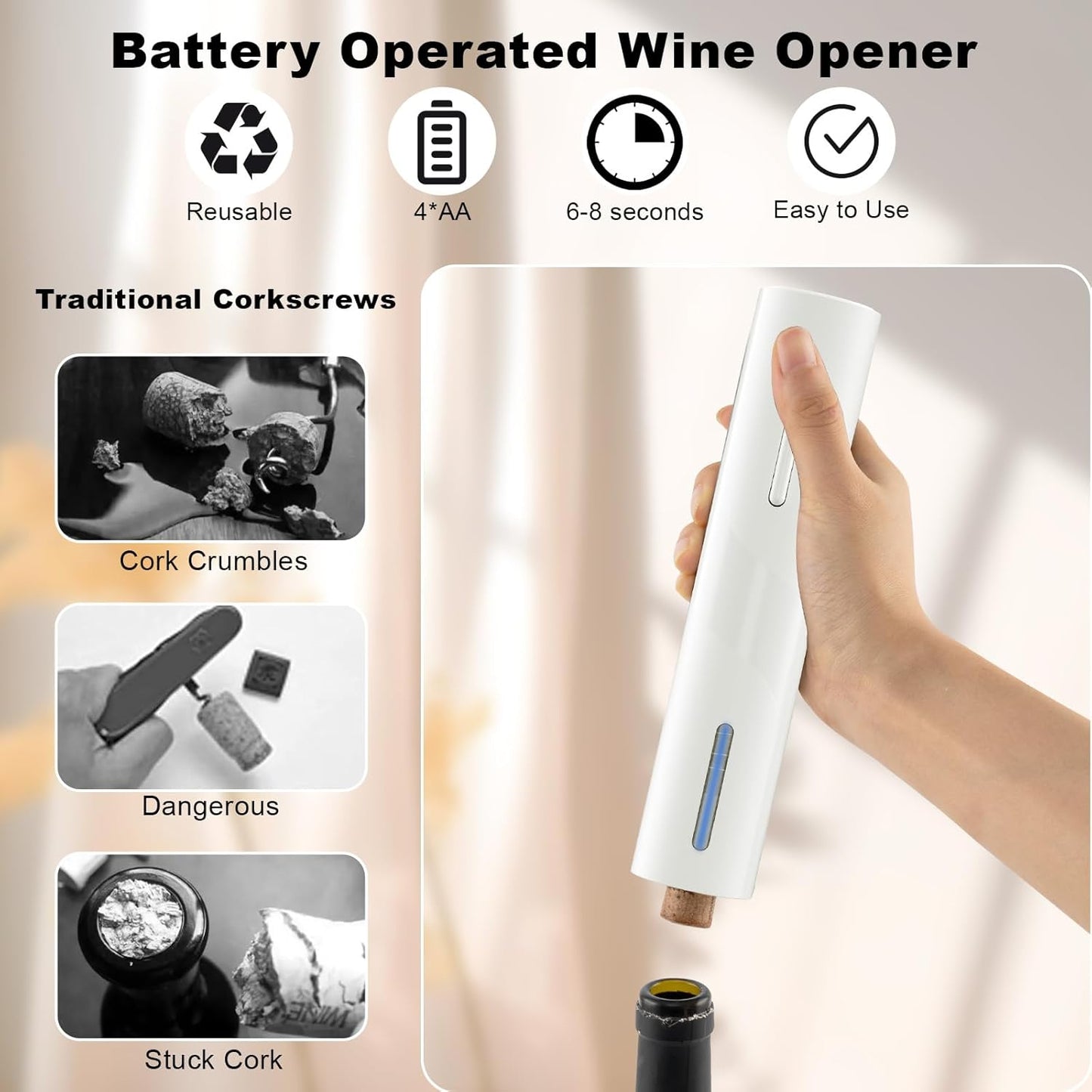 COKUNST Electric Wine Opener, Battery Operated Wine Bottle Openers with Foil Cutter, One-click Button Corkscrew Remover for Home Kitchen Party Wedding