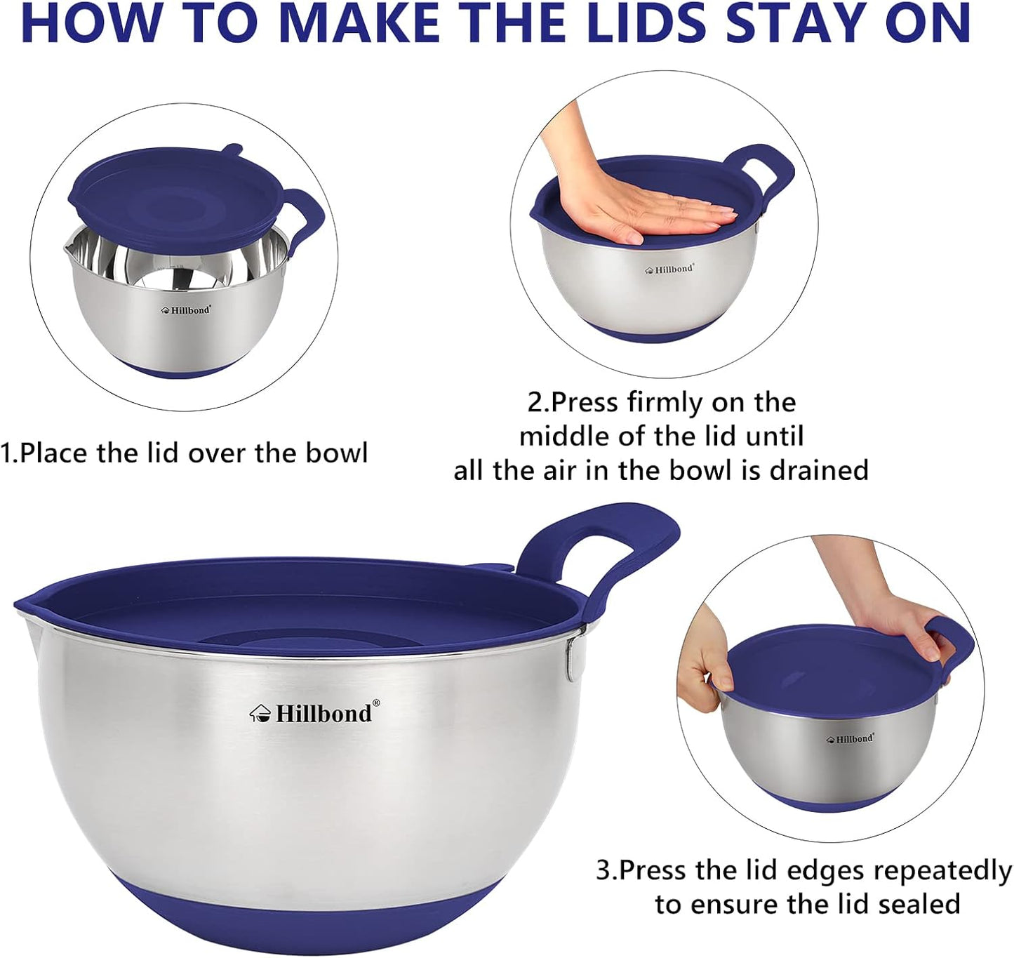 Hillbond Stainless Steel Bowls with Lids Set Mixing Bowls with Pour Spout, Silicone Handle and Non-Slip Bottoms for Baking, Metal Bowls Mixing Dishwasher Safe, Set of 3, Mother’s Day Gift (Black)