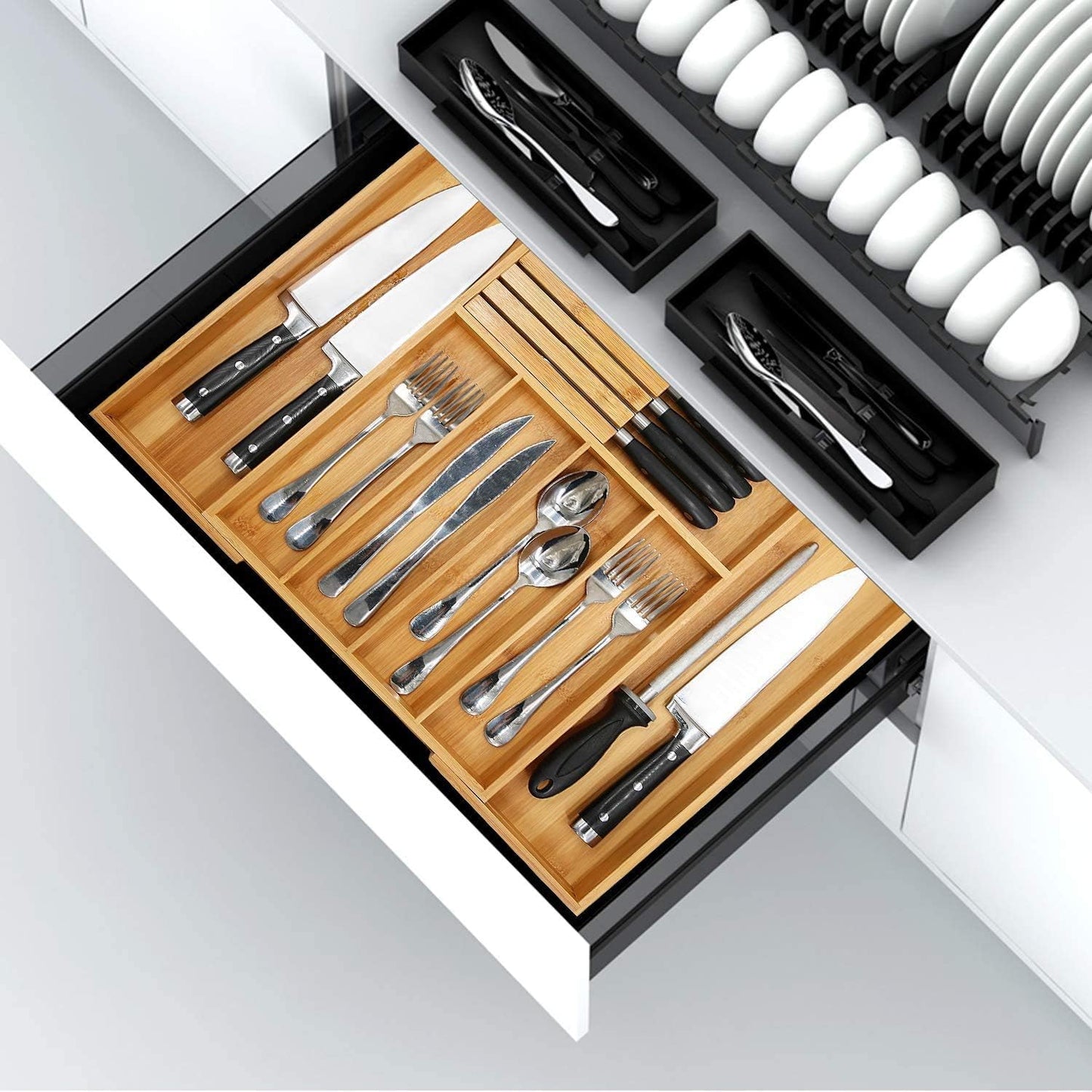 VaeFae Bamboo Silverware Drawer Organizer Kitchen, Expandable Utensil Organizer with Knife Block, Cutlery Tray with Divider, Multifunctional Drawer Organizer (Black)