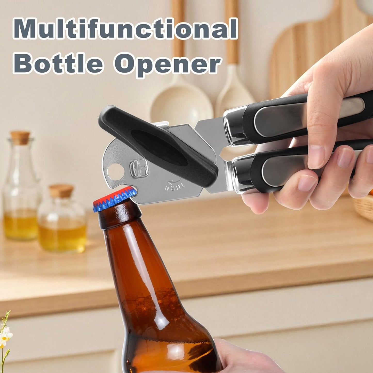 Manual Can Opener with Stainless Steel Sharp Blade, 3-in-1 Multifunction Handheld Can Opener and Bottle Opener, Soft Ergonomic Cushioned Handle