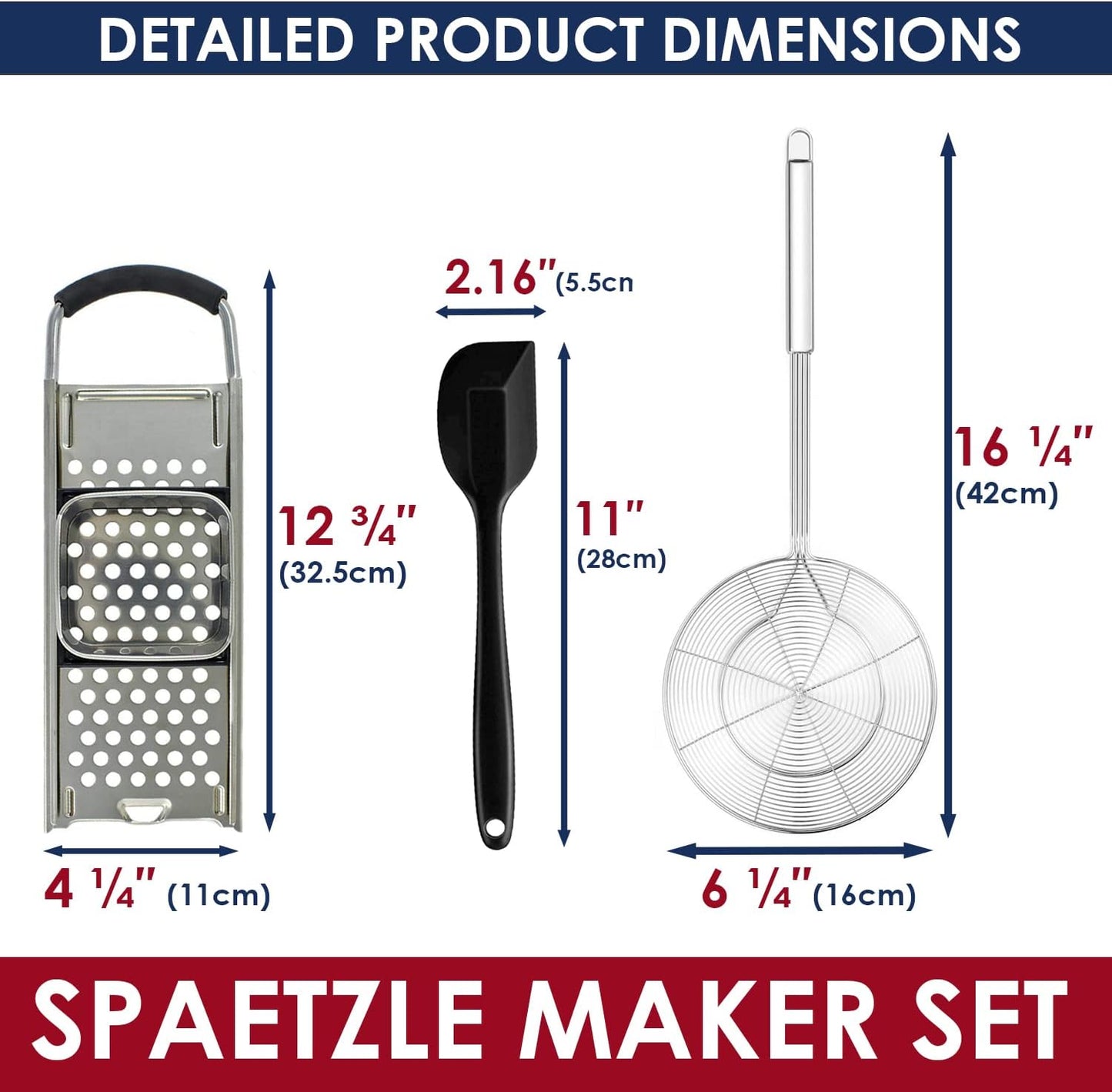 KEISSCO Stainless Steel Spaetzle Maker with Comfort Grip Handle, Homemade Traditional German Egg Noodle Dumpling Making Tool Set