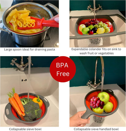 BaraBara Silicone 10 pcs Telescopic Collapsible Strainers with Handles, Foldable Bowl, Clip on Drainer. Red Spoon Rest, 3 ladle Masher Spoons. Silicone Gloves Heat Resistant Bundle Cooking Set.