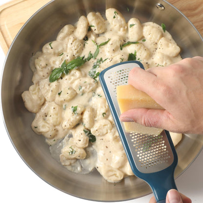 Calphalon Edge Stainless Steel Handheld Grater Lemon Zester W/Cover & Rubber Handle - Navy Blue