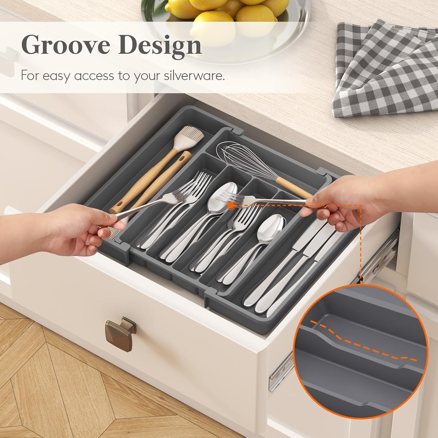Lifewit Silverware Drawer Organizer, Expandable Utensil Tray for Kitchen, BPA Free Flatware and Cutlery Holder, Adjustable Plastic Storage for Spoons Forks Knives, 11-18 x 14", Black