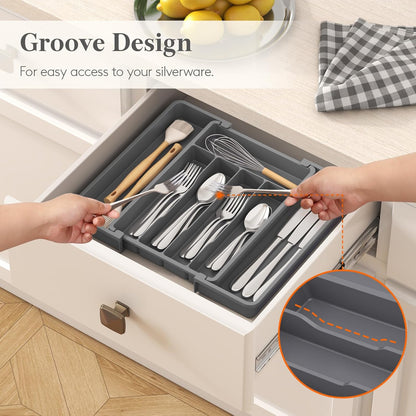 Lifewit Silverware Drawer Organizer, Expandable Utensil Tray for Kitchen, BPA Free Flatware and Cutlery Holder, Adjustable Plastic Storage for Spoons Forks Knives, 11-18 x 14", Black