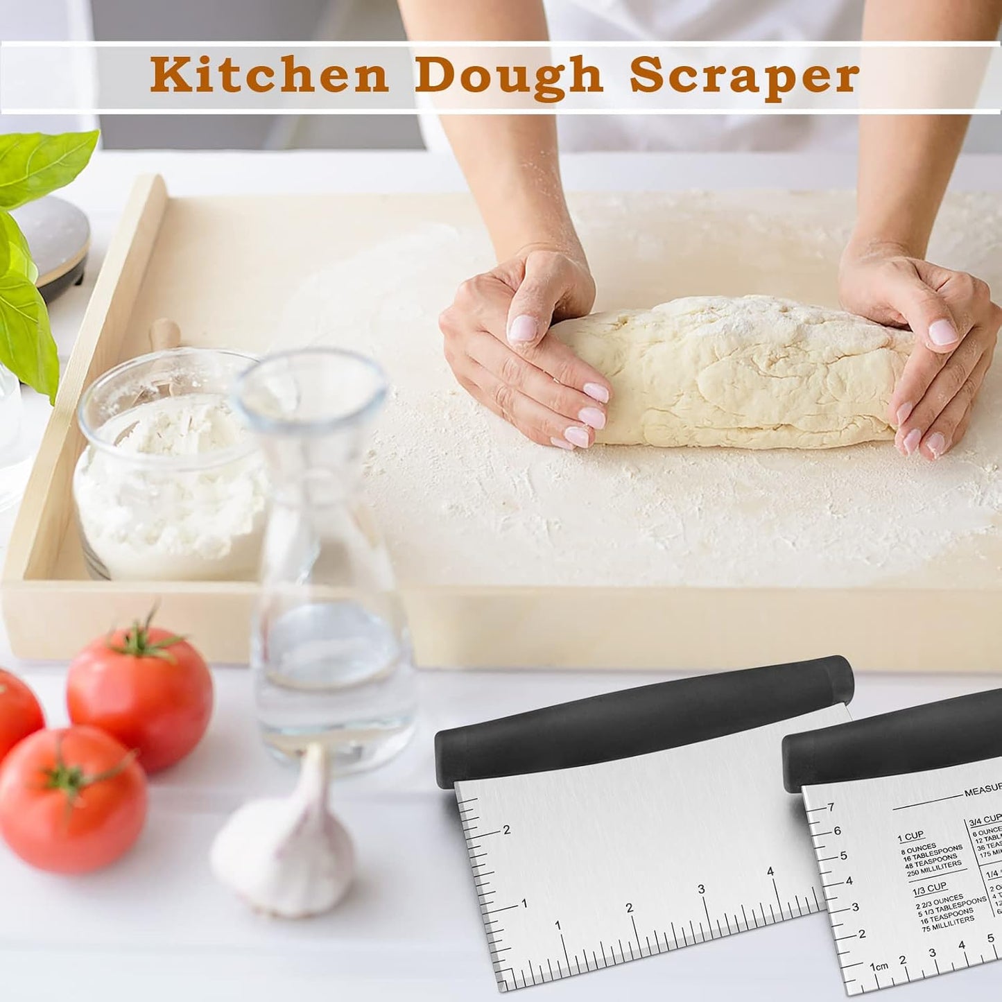 Bench Scraper Set of 2, HaSteeL Metal Dough Scraper Cutter Pastry Chopper with Wooden Handle, Heavy Duty Stainless Steel Griddle Scraper with Measuring Marks for Cooking Baking Grilling