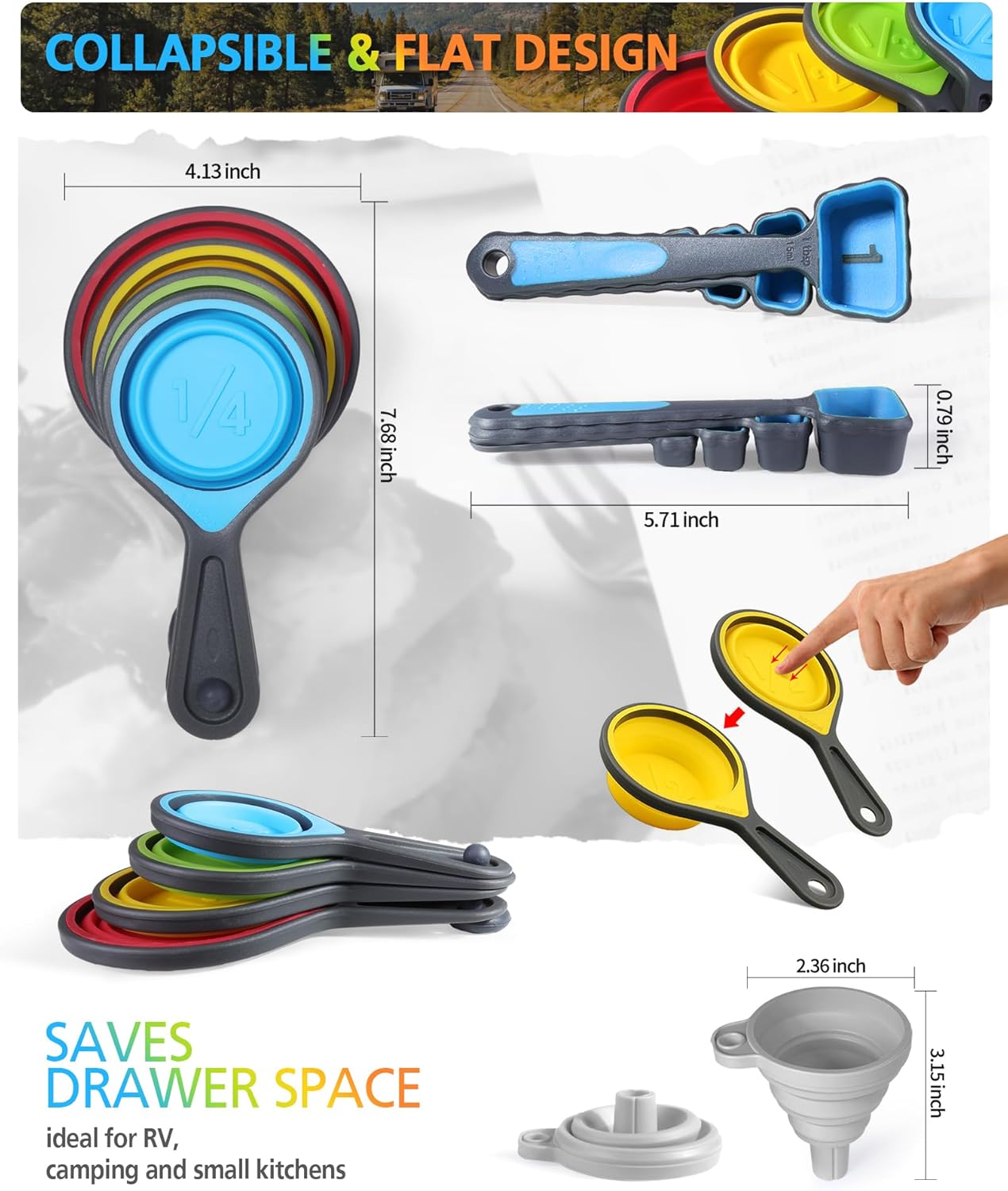 Measuring Cup and Spoon Set, Collapsible Measuring Cup, 8 Piece Measuring Tools and 1 Funnel, Engraved Metric/US Markings, for Liquid and Dry Measurements, Space Saving, BPA Free Silicone, Colorful