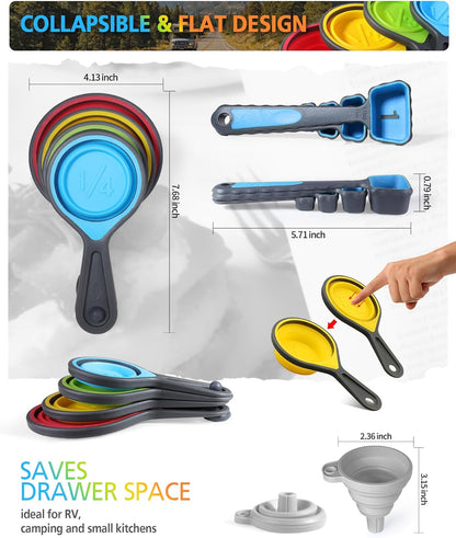 Measuring Cup and Spoon Set, Collapsible Measuring Cup, 8 Piece Measuring Tools and 1 Funnel, Engraved Metric/US Markings, for Liquid and Dry Measurements, Space Saving, BPA Free Silicone, Colorful