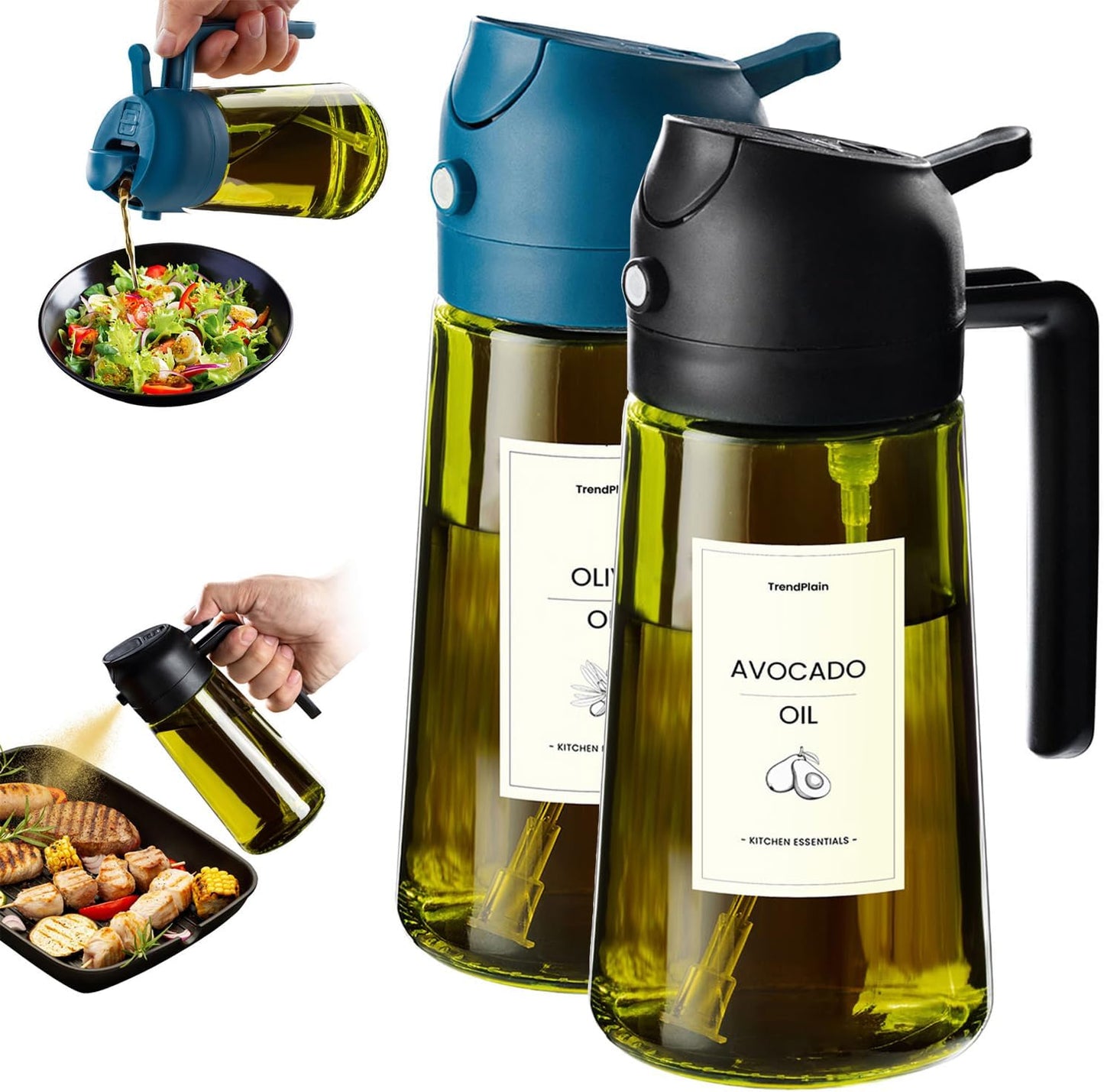 TrendPlain - Original 16oz/470ml Olive Oil Dispenser Bottle for Kitchen Gadgets and Air Fryer Accessories - Olive Oil Sprayer for Cooking w/Stickers - Black