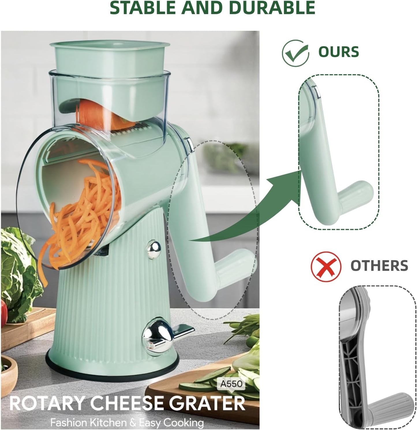 Rotary Cheese Grater with Handle - Vegetable Shredder with 5 Blades & Strong Suction Base, Round Slicer & Food Chopper for Kitchen (White)