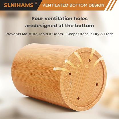 Bamboo Utensil Holder, Large Utensil Holders for Kitchen Counter, Bamboo Spoon and Chopstick Holder for Kitchen Decor, Flatware and Spatula Storage Organizer, for Countertop, Pantry and Bathroom