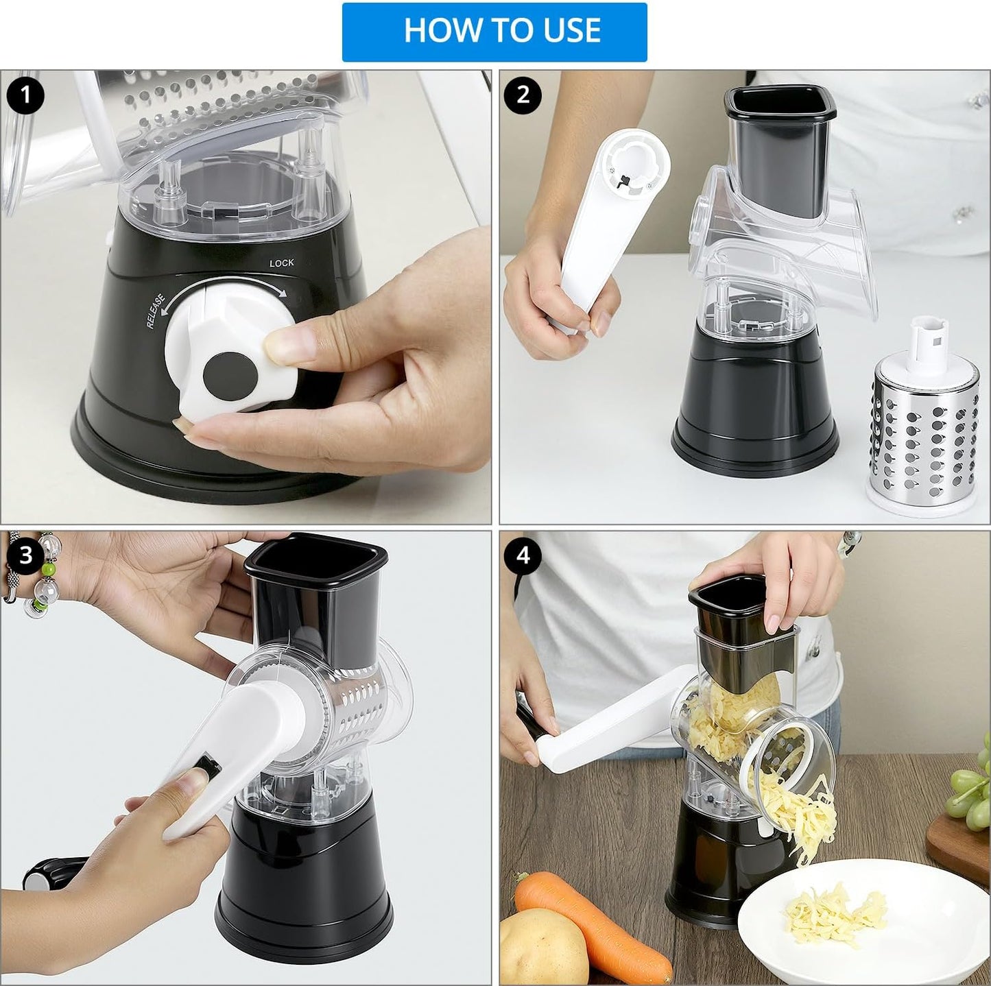 QWORK Cheese Grater Hand Crank, Rotary Vegetable Shredder, 3 in 1 Kitchen Speed Spin Veggie Slicer & Nut Grinder, Black
