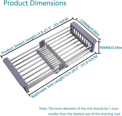 Over The Sink Dish Drying Rack, Stainless Steel Expandable Telescopic Drain Basket with Adjustable Arms - Functional Kitchen Sink Organizer for Dishes, Vegetables & Fruits (Large, Black)