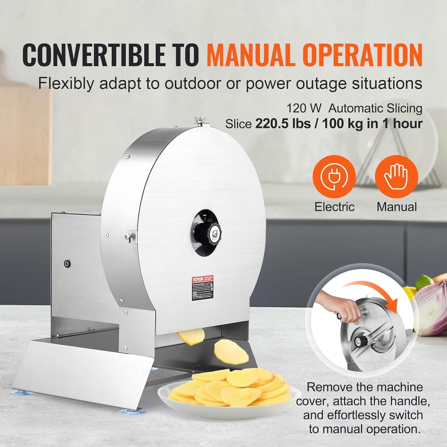 VEVOR Electric Vegetable Slicer, 0-0.5"/0-12mm Thickness Adjustable Commercial Slicer Machine, Convertible to Manual, Stainless Steel Food Cutter Slicing Machine, for Potato, Lemon, Tomato, Apple