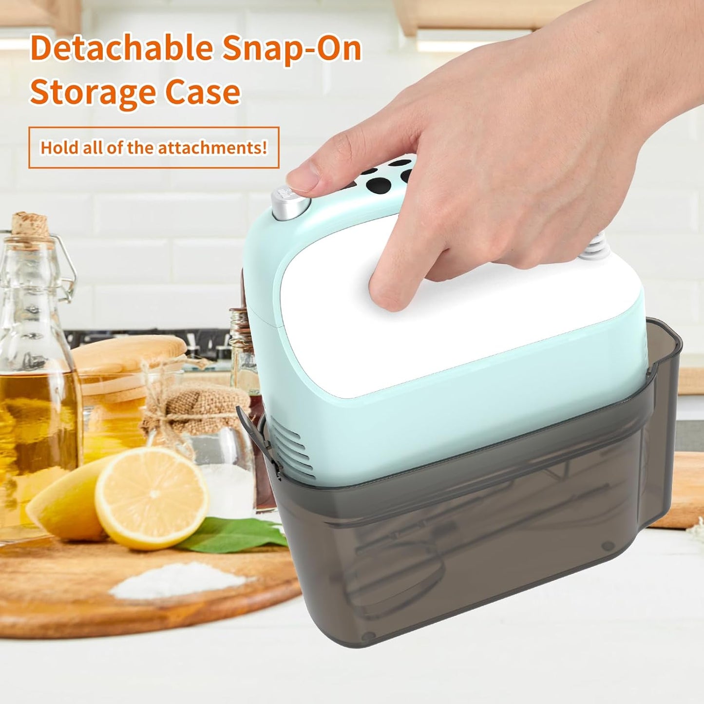 Yomelo 9-Speed Digital Hand Mixer Electric, 400W Powerful DC Motor, Hand Mixer Electric Handheld with Snap-On Storage Case, 5 Stainless Steel Accessories, Beaters, Dough Hooks, Whisk(Ice Blue/Black)