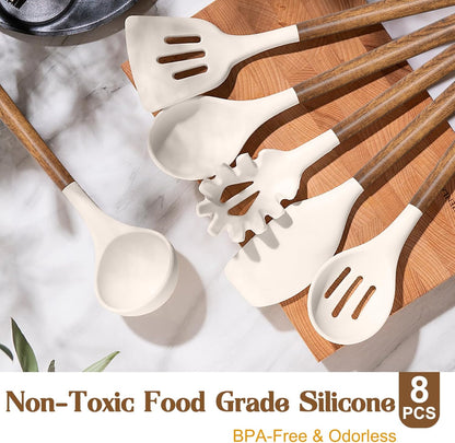 Silicone Cooking Utensil Set, Umite Chef 8-Piece Kitchen Utensils Set with Natural Acacia Wooden Handles,Food-Grade-Silicone Kitchen Gadgets Spatulas Set for Nonstick Cookware- Black