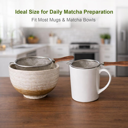 Matcha Sifter - Precision 30-Mesh Stainless Steel Fine Powder Strainer, Wooden Handle, 3-Inch Small Metal Sieve for Tea Ceremony & Cocoa, Hand Wash Recommended