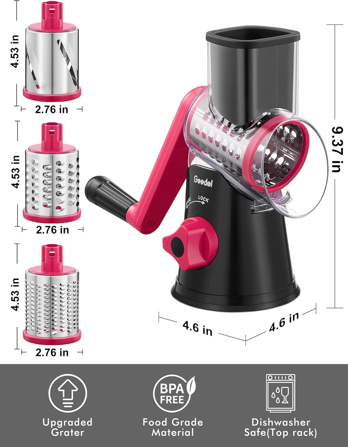 Geedel Rotary Cheese Grater, Kitchen Mandoline Vegetable Slicer with 3 Interchangeable Blades, Easy to Clean Grater for Fruit, Vegetables, Nuts