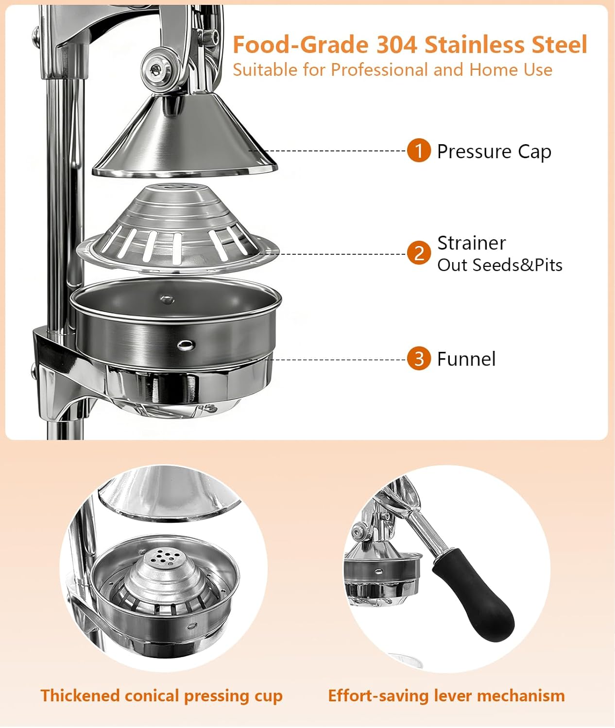 Manual Juicer Professional Hand Press - Heavy Duty Stainless Steel Citrus Squeezer for Orange, Lemon & Pomegranate with Stable Base and Measuring Cup, Commercial Grade Extraction