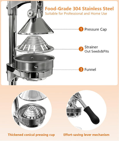 Manual Juicer Professional Hand Press - Heavy Duty Stainless Steel Citrus Squeezer for Orange, Lemon & Pomegranate with Stable Base and Measuring Cup, Commercial Grade Extraction