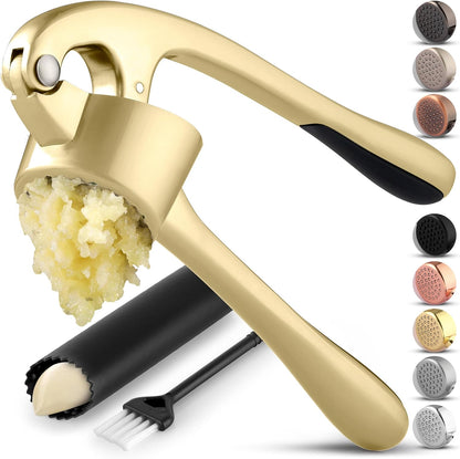Zulay Kitchen Premium Garlic Press Set - Rust Proof Professional Garlic Mincer Tool - Easy-Squeeze, Easy-Clean with Soft, Ergonomic Handle - Silicone Garlic Peeler & Brush (Silver)