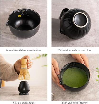TANG PIN Matcha Set - Match Bowl and Whisk, 15 OZ, Matcha Scoop | Matcha Whisk Stand (Chasen Holder) - 4pc Perfect Matcha Kit for Matcha Tea Ceremony (Mottled Green)