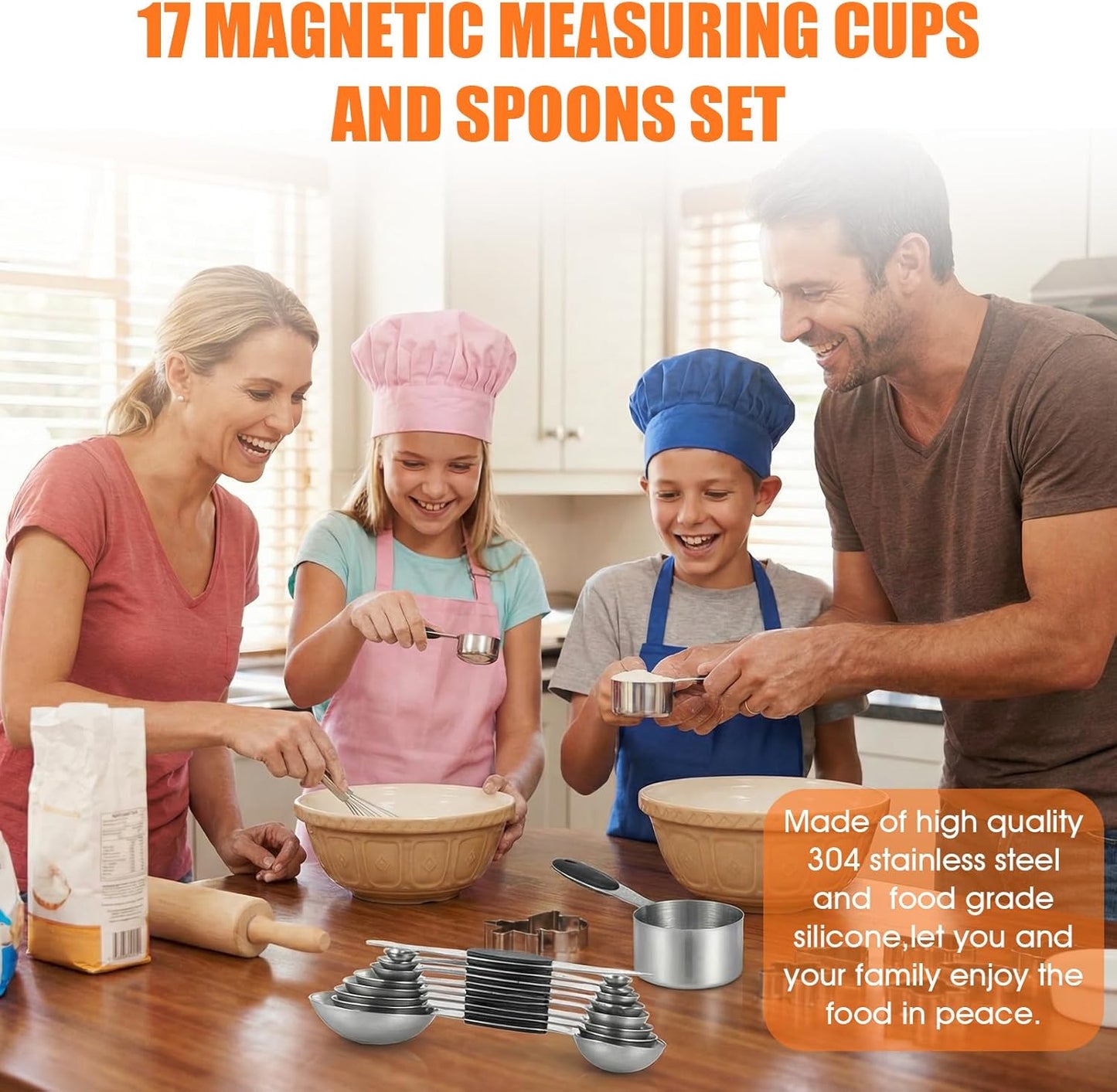 17PCS Measuring Cups and Magnetic Spoons Set, 8 Measure Cups with Silicone Handle, 8 Double Sided Measure Spoons and 1 Leveler, Stackable Stainless Steel Kitchen Gadgets for Cooking & Baking