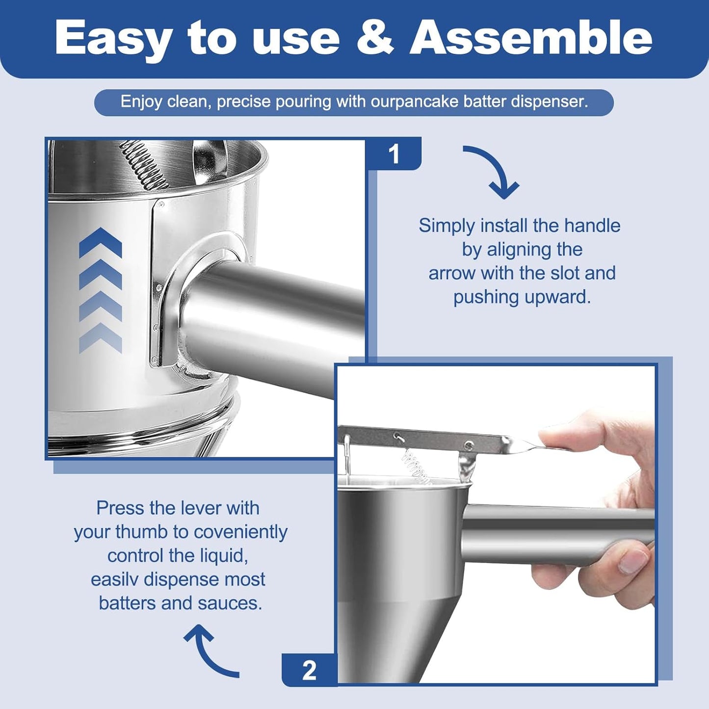 Pancake Batter Dispenser,40oz Stainless Steel Funnel Cake Dispenser,with Lids,Stand,4 Silicone Nozzles,Brush,Egg Beater,Easy Control Batter Dispenser for Pancakes,Cupcakes, Funnel Cakes,Muffins & More