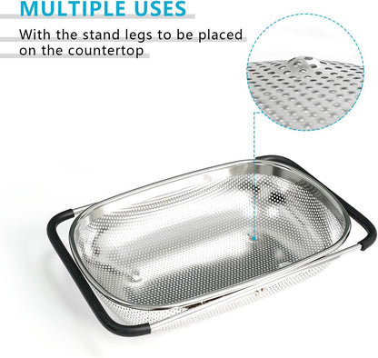 GREATLINK Over Sink Expandable Colander - Fine Mesh Strainer Basket with Extendable Handles for Kitchen, 6QT Vegetable Fruit Pasta Strainer for Washing Rice, Kitchen Colander