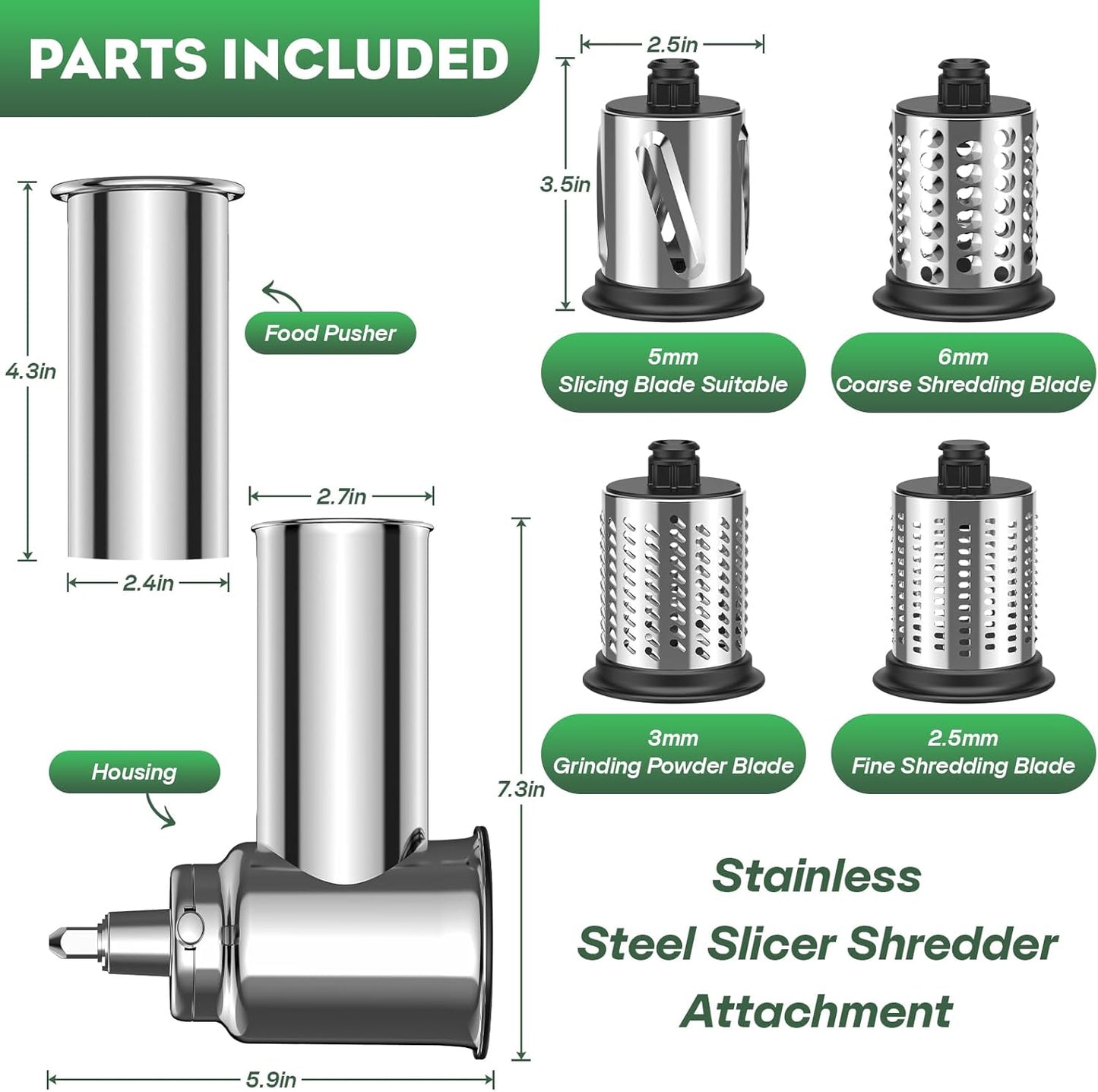 Stainless Steel Slicer Shredder Attachment for KitchenAid Stand Mixer, Includes Cheese Grater,Grinding Powder,Vegetable Slicer Shredder for KitchenAid cheese grater attachments with 4 Blades by HOZODO