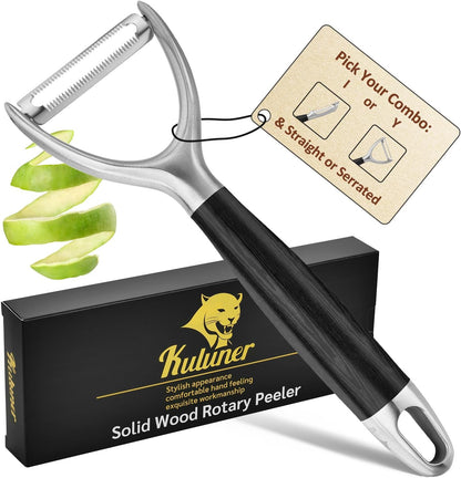 Serrated Blade Premium I Type 304 Stainless Steel Multifunctional Kitchen Peeler Real Wood Handle Ultra Sharp Blade Vegetable Potato Apple（Agarwood）