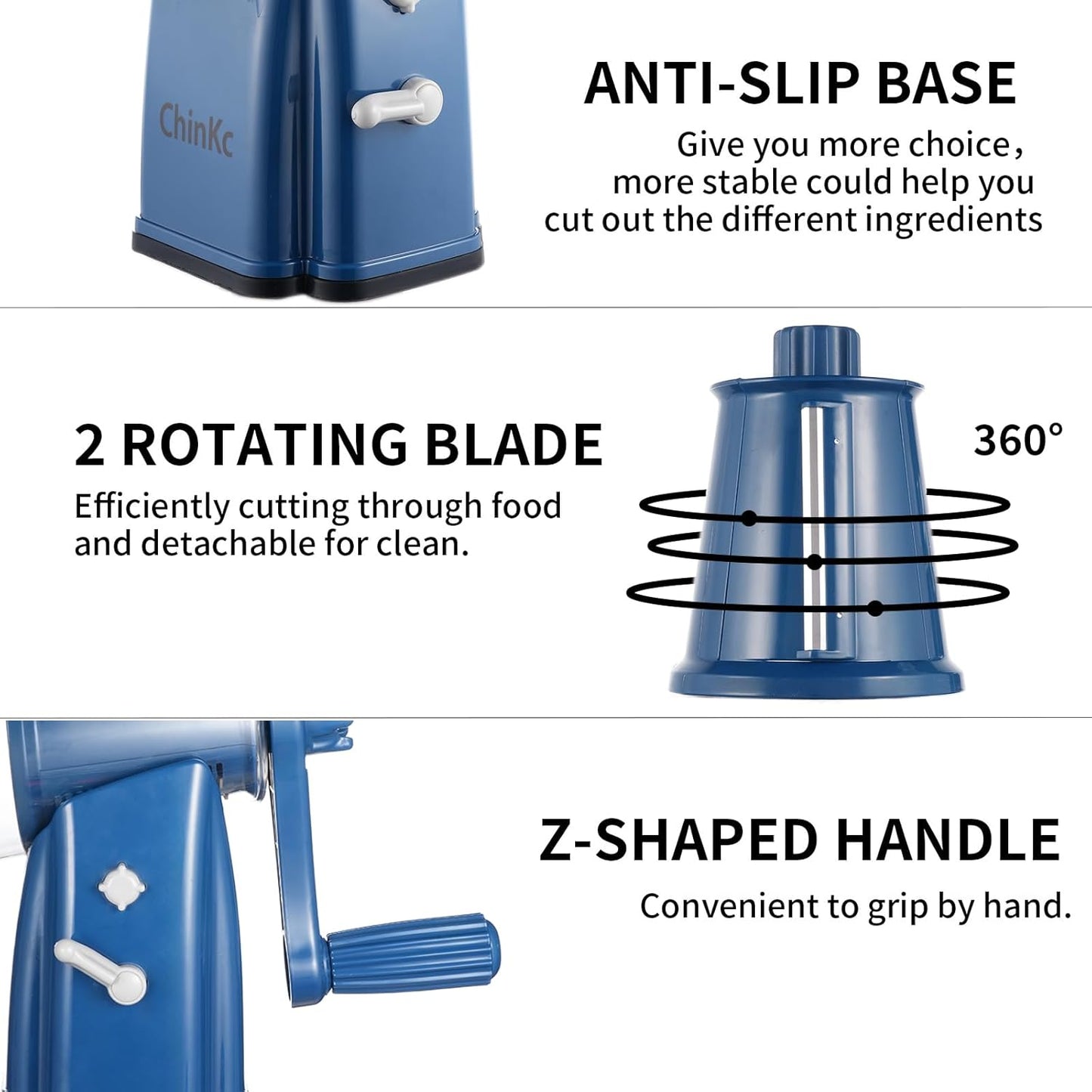 Upgrade Rotary Cheese Grater Shredder with Handle, Strong Suction Base, Multi-purpose Rotary Grater Slicer with 5 Interchangeable Blades for Ice, Vegetables, Fruit, Nuts with Blade Storage Box