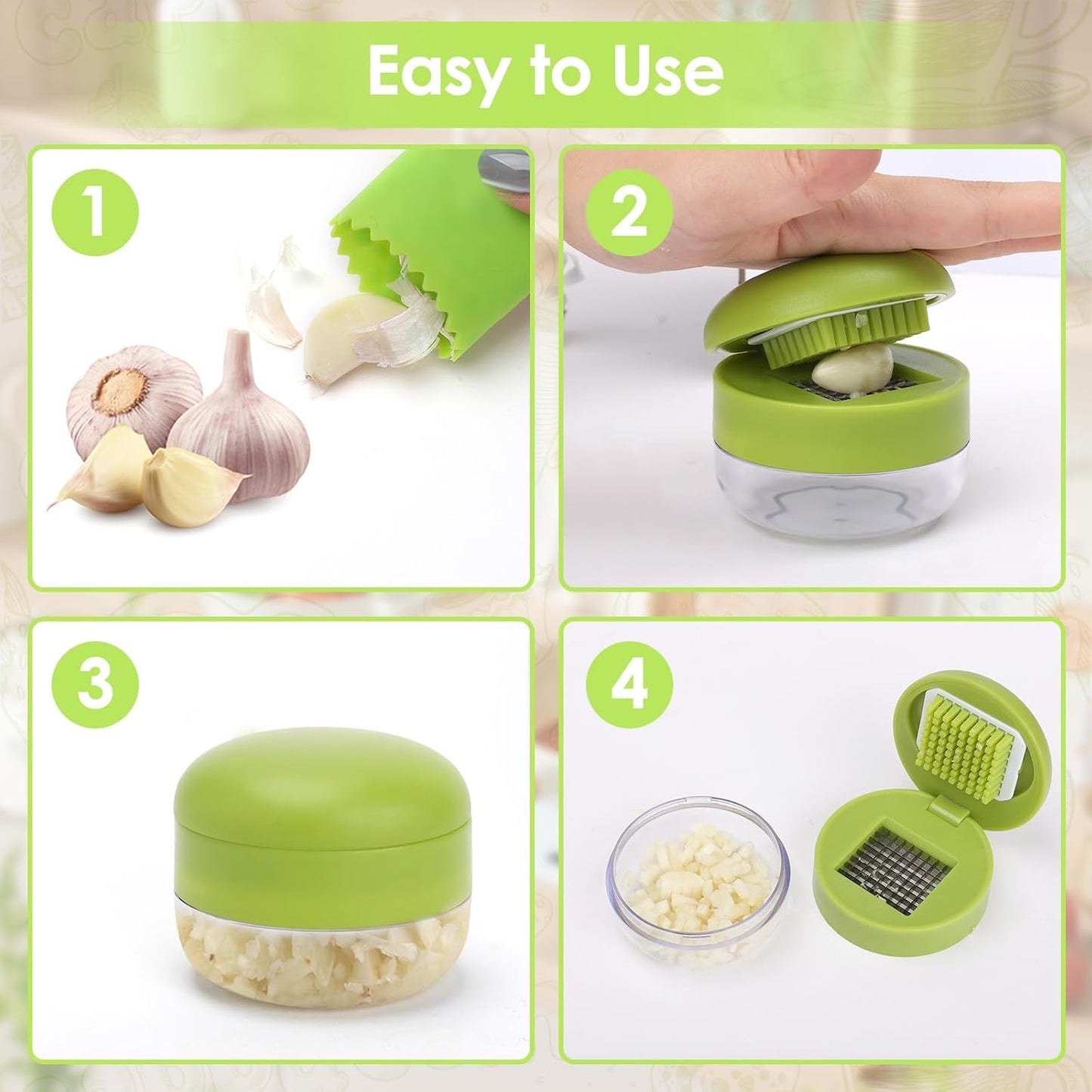 2 Pcs Garlic Press Set, Stainless Steel Garlics Crusher with Silicone Peeler and Cleaner Brush, Easy to Use Garlic Chopper for Shredded Garlic, Ginger and Fruit