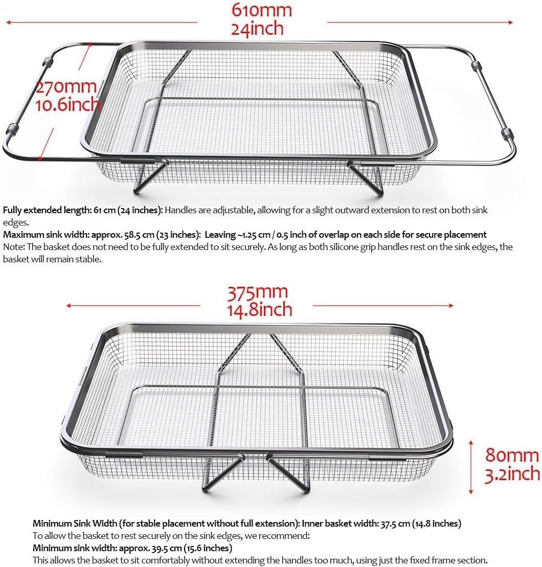 WAGENSTEIGER Extendable Dish Rack with Feet, Vegetable Colander Basket, Stainless Steel Dish or Silverware Drying Rack, Ultimate Kitchen Organizer Over the Sink (12.40 x 5.12 x 2.36 Inches)