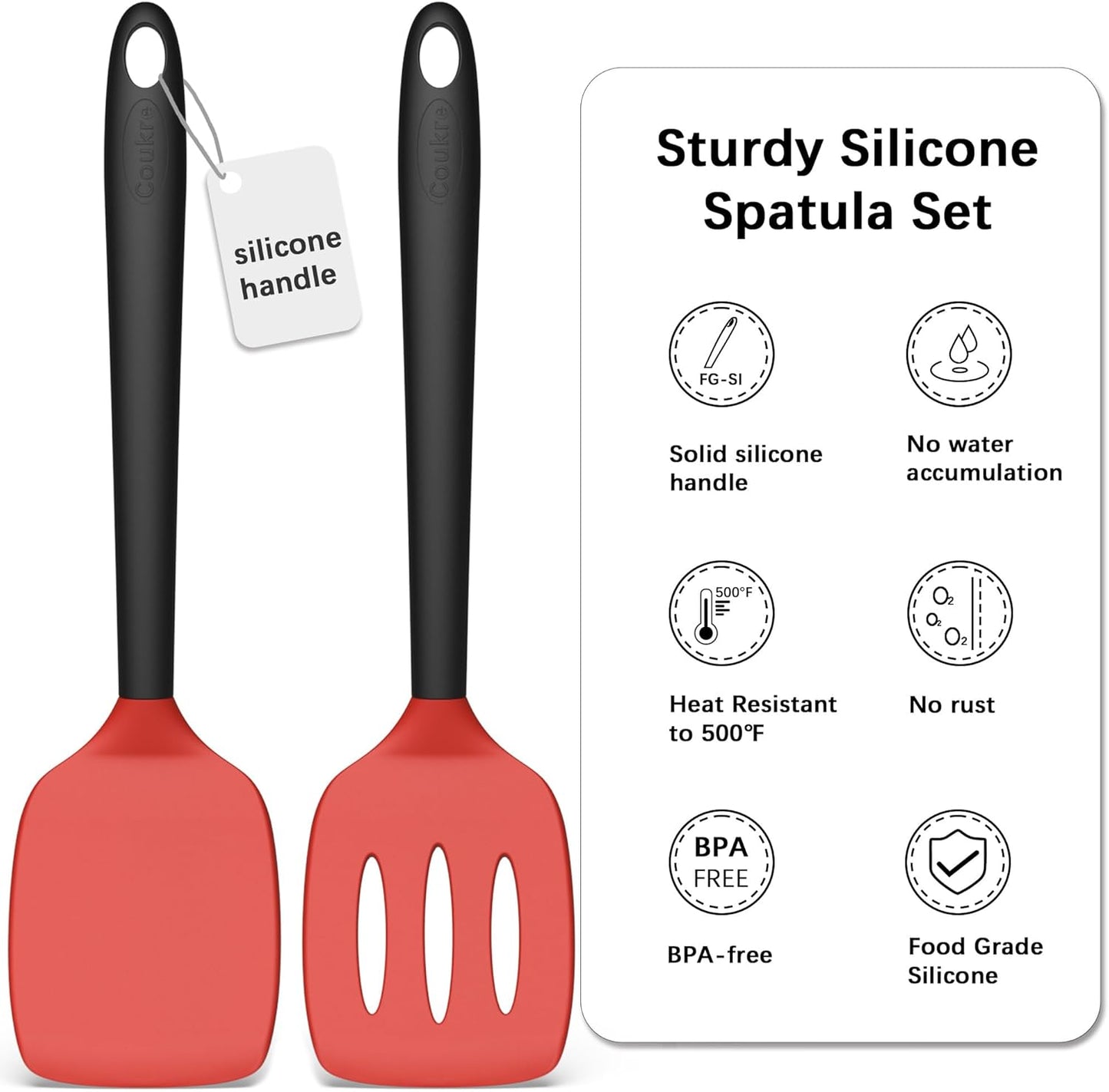 Coukre 2 Pack Silicone Spatula Set, High Heat Resistant, BPA Free Kitchen Spatula, Solid & Slotted Turner for Non-Stick Pans, Sautéing, and Flipping (2, PureBlack)