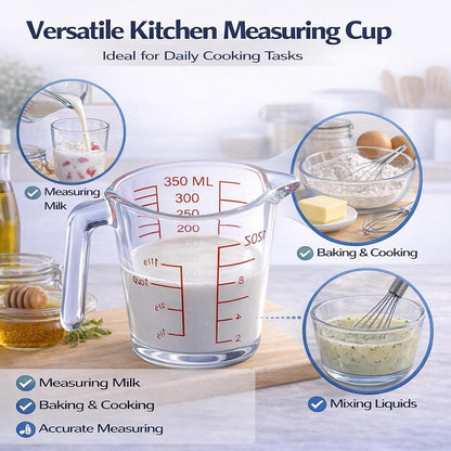 Glass Measuring Cup with Red Measurement Markings, Clear Kitchen Liquid Measuring Cup with Handle and Pour Spout, 350ml Heat-Resistant Glass Measuring Cup for Cooking, Baking and Mixing