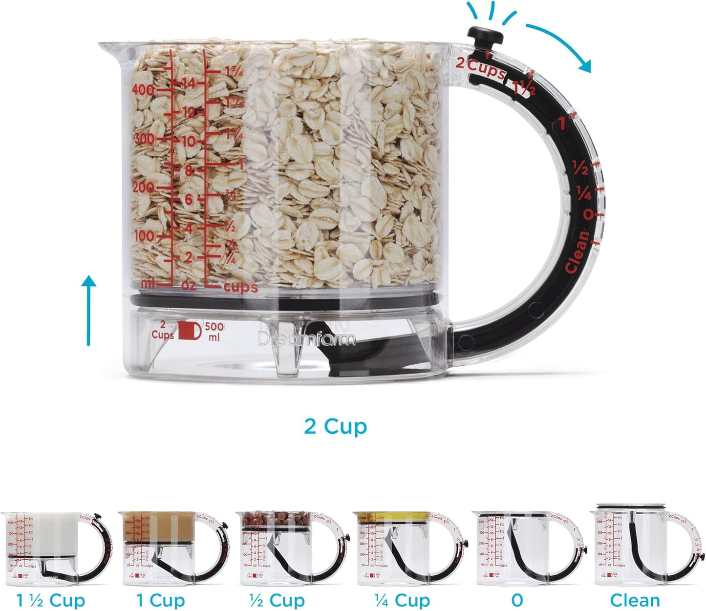 Dreamfarm Upcup All-in-1 Adjustable Measuring Cup, Metric & Imperial Measurements up to 1 Cup - Black/Clear