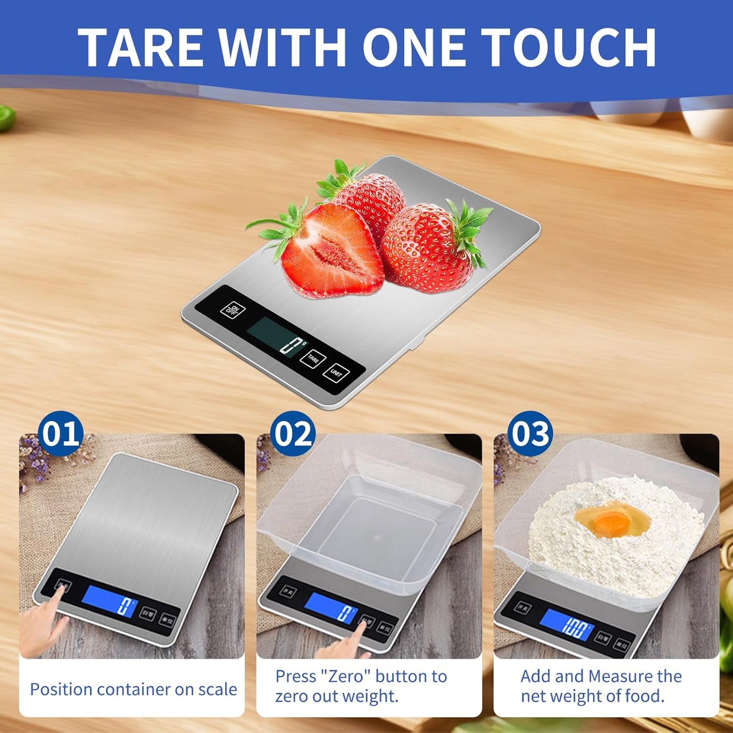 YFL Food Scale, 33lb Digital Kitchen Scale Weight Grams and Oz 1g/0.1oz Precise Graduation,Waterproof Surface Stainless Steel and Tempered Glass for Cooking Baking,(Ash Silver)