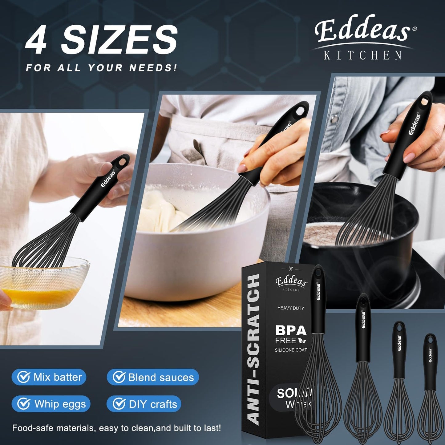 Whisks For Cooking - 500 °F Heat Resistant Silicone Whisk, Heavy Duty 7",9"&11inch Non-Scratch Balloon Kitchen Wisk tool Set, for cooking Wisking, Blending, Beating, Stirring, 3 Piece Black