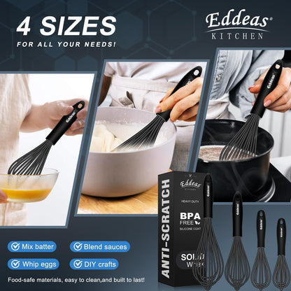 Whisks For Cooking - 500 °F Heat Resistant Silicone Whisk, Heavy Duty 7",9"&11inch Non-Scratch Balloon Kitchen Wisk tool Set, for cooking Wisking, Blending, Beating, Stirring, 3 Piece Black