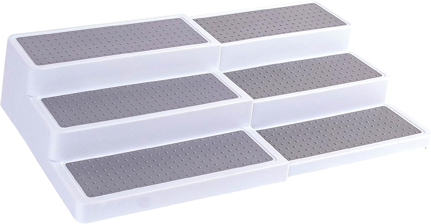 Oizeir 3–Tier Expandable Plastic Spice Rack - Adjustable Length, Stability with Non-Skid Shelf, Three Tiers for Easy Visibility, Organizer for Kitchen Cabinet, Pantry or Countertop, White/Grey