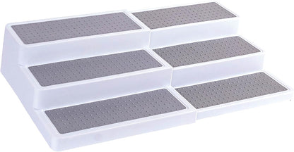 Oizeir 3–Tier Expandable Plastic Spice Rack - Adjustable Length, Stability with Non-Skid Shelf, Three Tiers for Easy Visibility, Organizer for Kitchen Cabinet, Pantry or Countertop, White/Grey