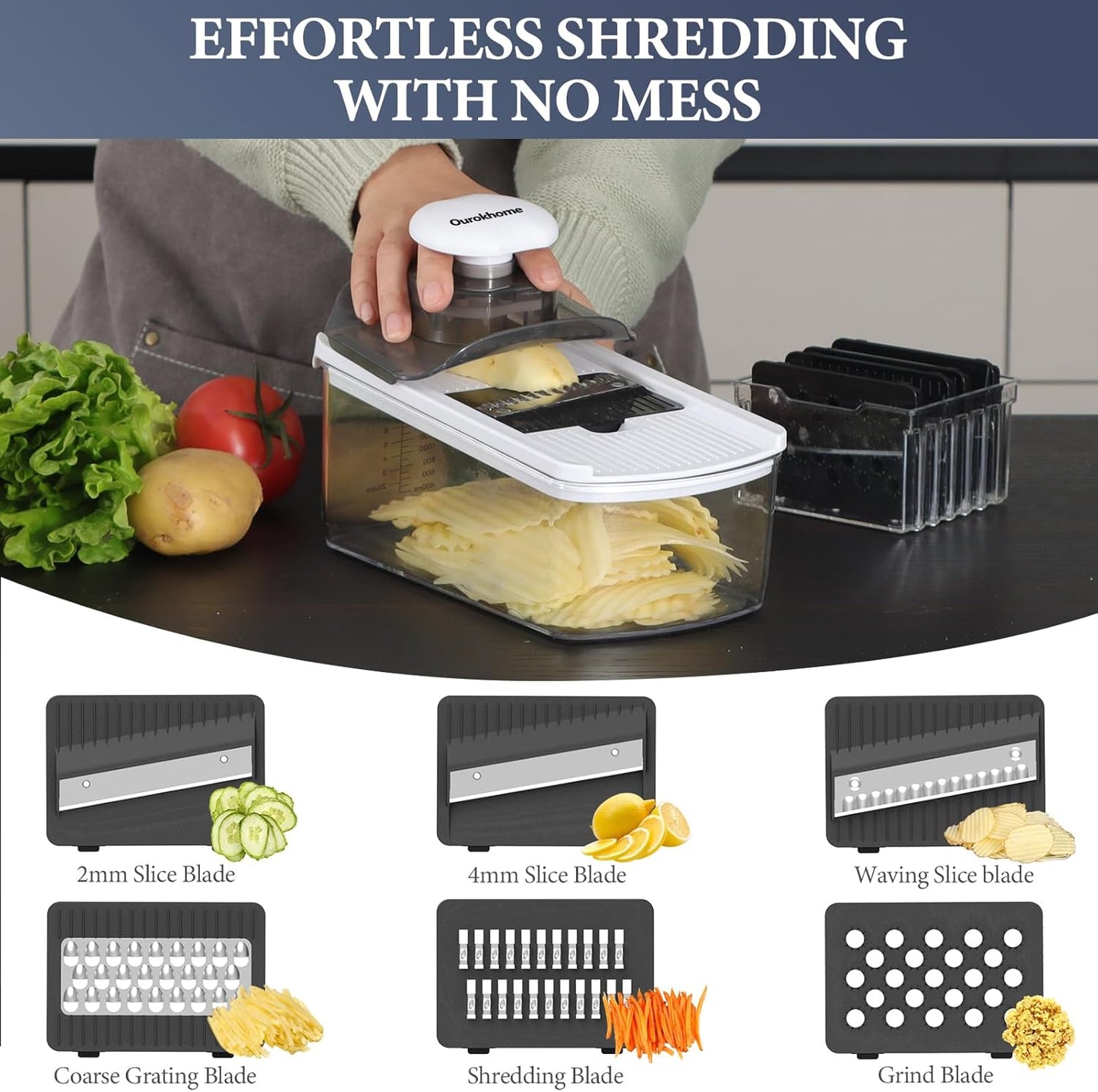 Ourokhome Veggie Chopper and Dicer with Container, Manual Hand Food Mandolin Slicer with 4 in 1 Handheld Vegetable Spiralizer for Zucchini, Potato, Onion, Essential Kitchen Gadgets (12 in 1, Gray)