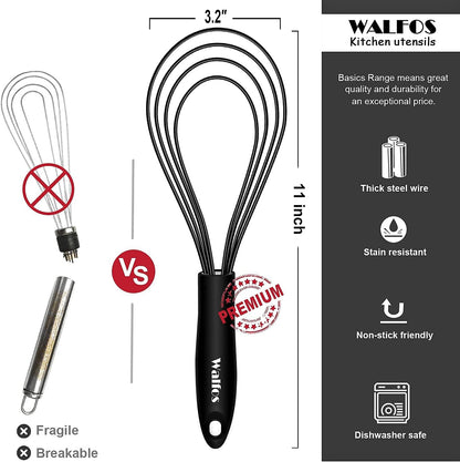 Walfos Whisk,304 Stainless Steel whisk,No-Rust 7+9+11inch Whisks for cooking Nice for Blending,Whisking,Beating.Heat resistant 600°F Dishwasher Safe. Heavy duty kitchen whisk.17.7+22.8+27.9cm -SILVER