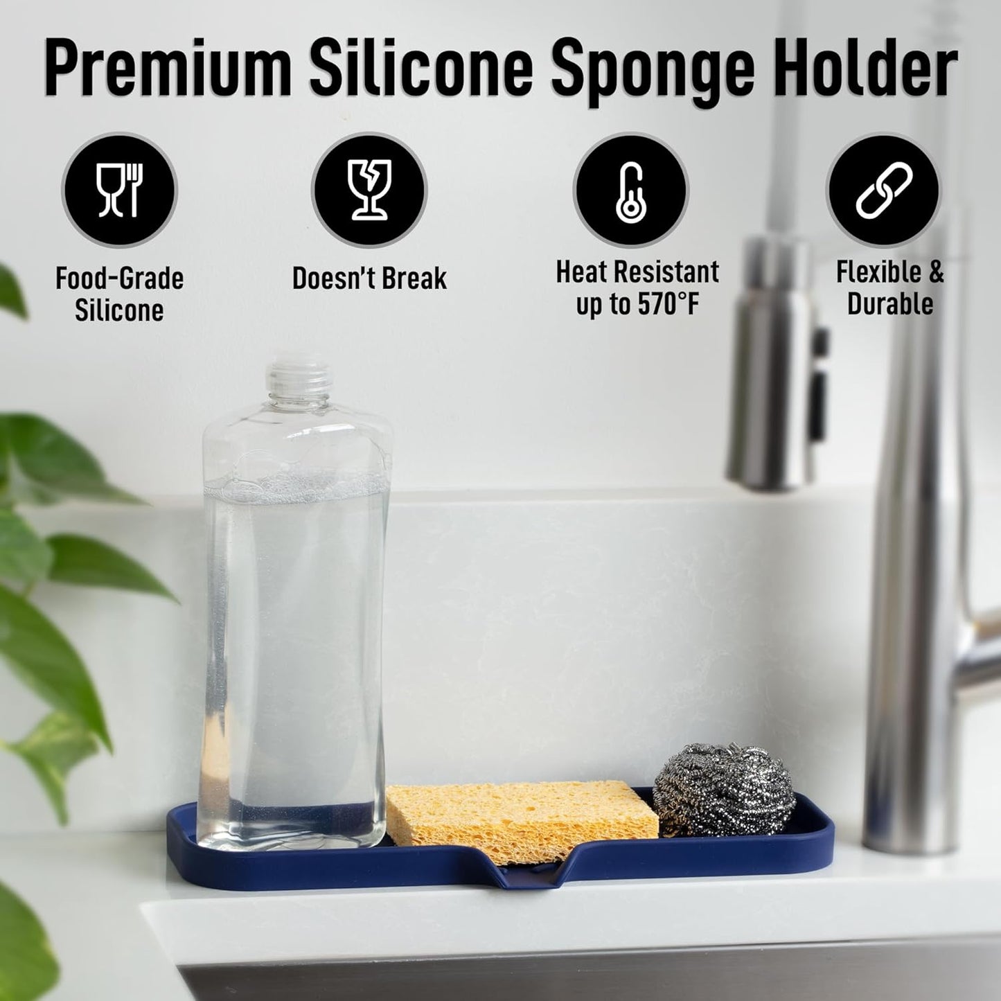 Zulay Kitchen (9x3.5in Sponge Holder for Kitchen Sink - Flexible Heavy-duty Multipurpose Sink Caddy - Counter Organizer for Kitchen, Bathroom, Makeup, Trinkets & More! (Grey)