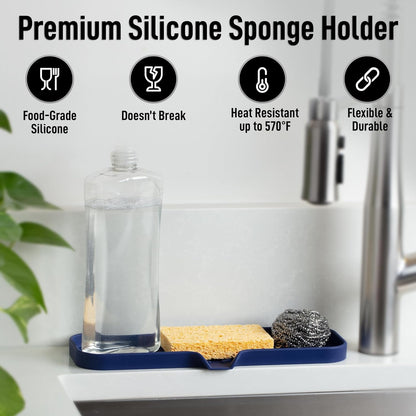 Zulay Kitchen (9x3.5in Sponge Holder for Kitchen Sink - Flexible Heavy-duty Multipurpose Sink Caddy - Counter Organizer for Kitchen, Bathroom, Makeup, Trinkets & More! (Grey)