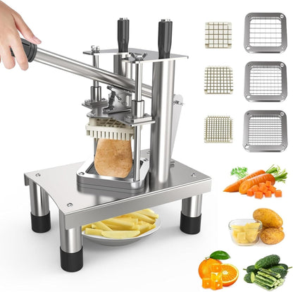 French Fry Cutter, Professional Potato Cutter Slicer Stainless Steel Fry Cutter for Potatoes with 1/2", 3/8", 1/4" Blades, Great for Potatoes Carrots Cucumbers