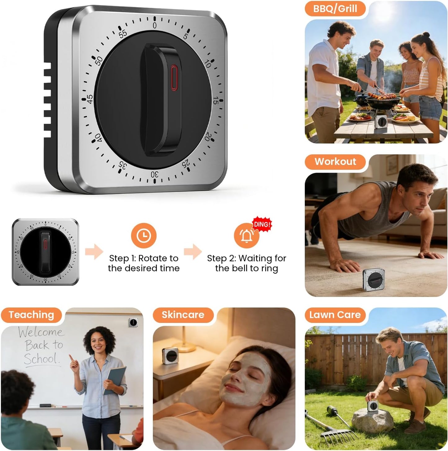 Mechanical Kitchen Timer with Magnet: Wind Up Cooking Timer Clock with Loud Alarm, Kitchen Timers for Cooking, No Battery Manual Food Timer for Baking, BBQ, Seniors & Daily Reminders